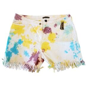 Taxi 2X Stretch Rainbow Tie-Dye Cut-Off Shorts‎ Fringe Plus Size Pockets NWT